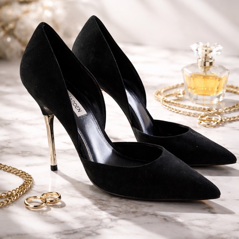 Steve Madden Socialite Black Suede Pumps Metallic Heel Size 7